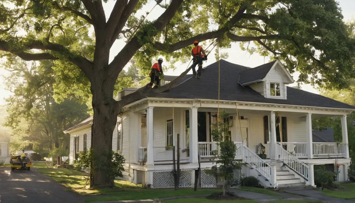 A tree service crew safely lowering a large limb beside an older frame house in Canton